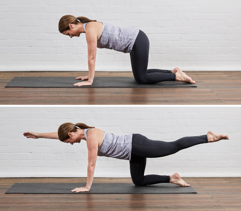 Woman performing an alternate arm and leg balance exercise on a yoga mat. First image shows her on all fours with one arm and opposite leg extended, and second image shows the same pose from a different angle.