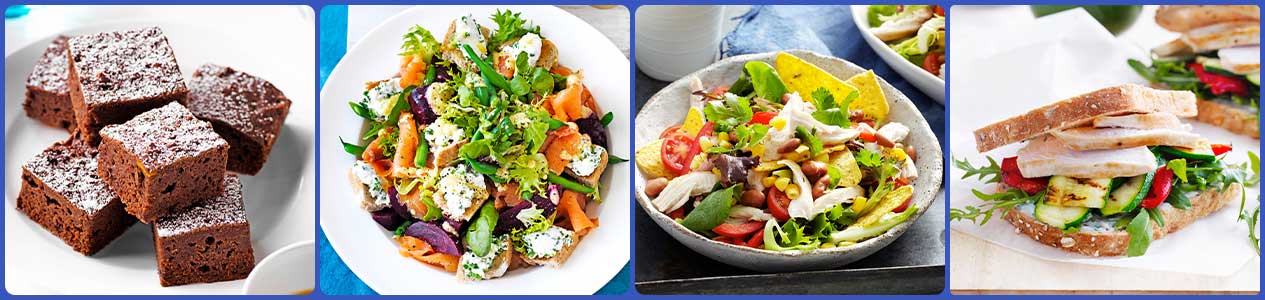 Chocolate pumpkin brownies, Beetroot and salmon salad, Mexican chicken salad, Chicken and capsicum sandwich Chocolate pumpkin brownies, Beetroot and salmon salad, Mexican chicken salad, Chicken and capsicum sandwich