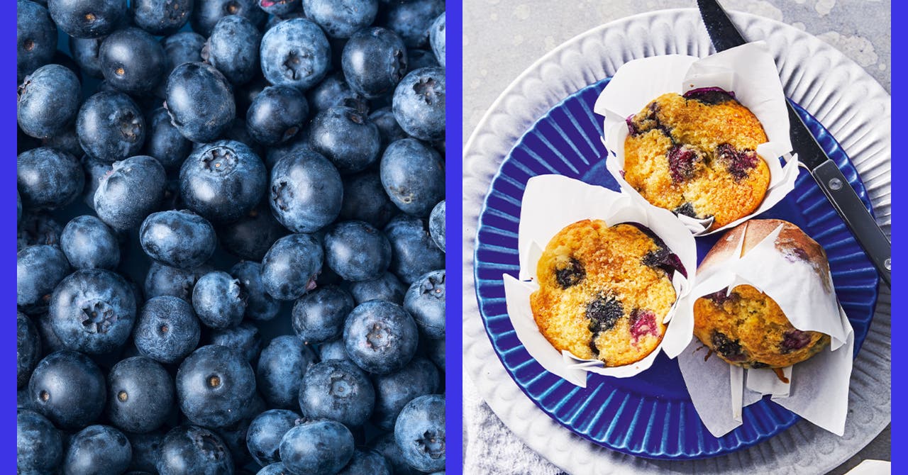 Close-up of fresh blueberries on the left and blueberry muffins on a blue plate on the right.