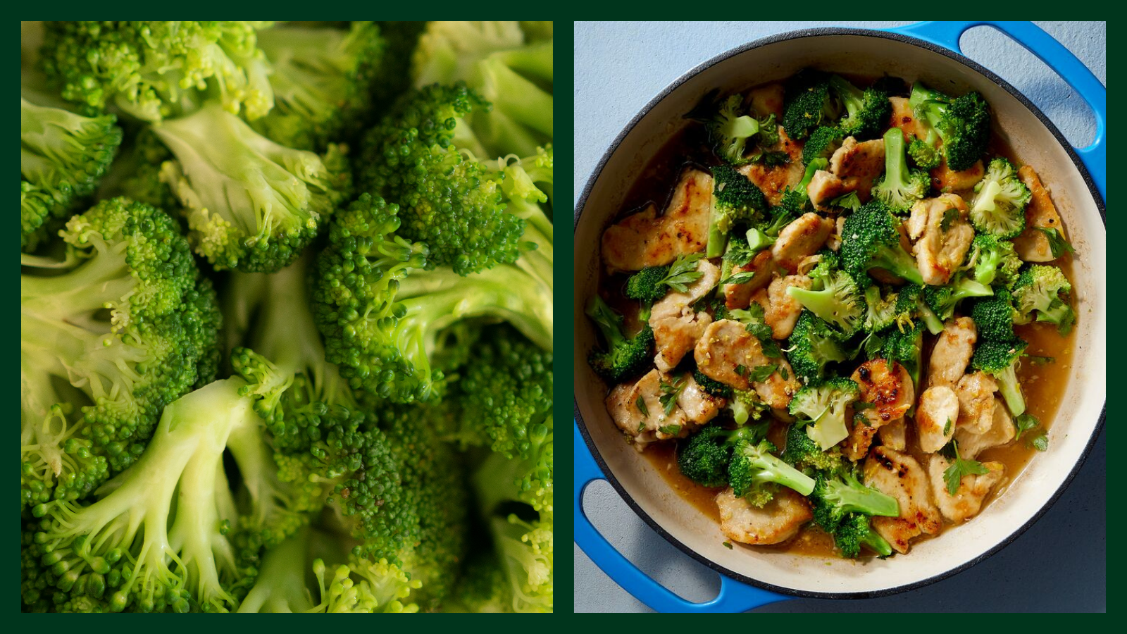 Close-up of fresh broccoli florets on the left and lemon chicken with broccoli in a skillet on the right.