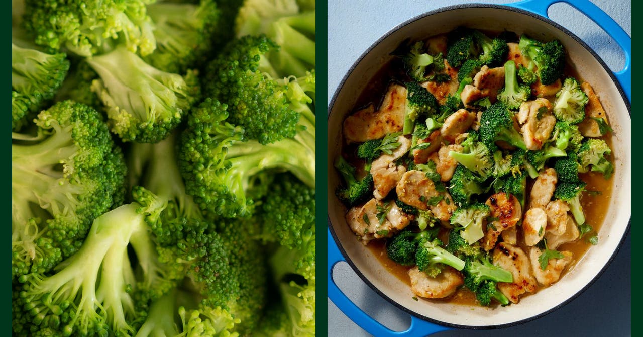 Close-up of fresh broccoli florets on the left and lemon chicken with broccoli in a skillet on the right.