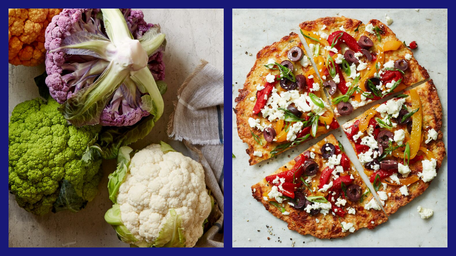 Variety of colourful cauliflowers on the left and a cauliflower crust pizza with various toppings on the right.