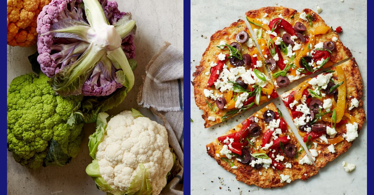 Variety of colourful cauliflowers on the left and a cauliflower crust pizza with various toppings on the right.