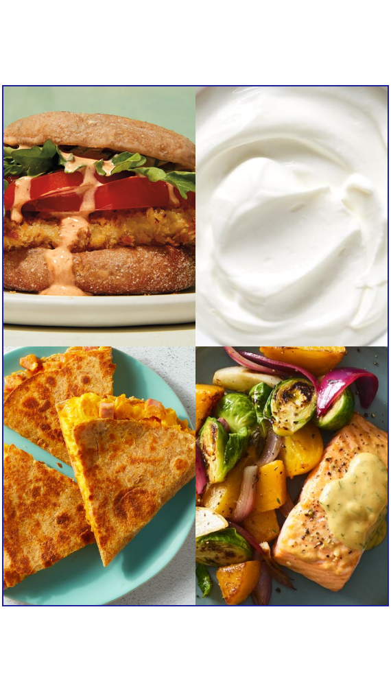 quesadilla, baked chicken, grilled salmon, celery, peanut butter and greek yogurt menu