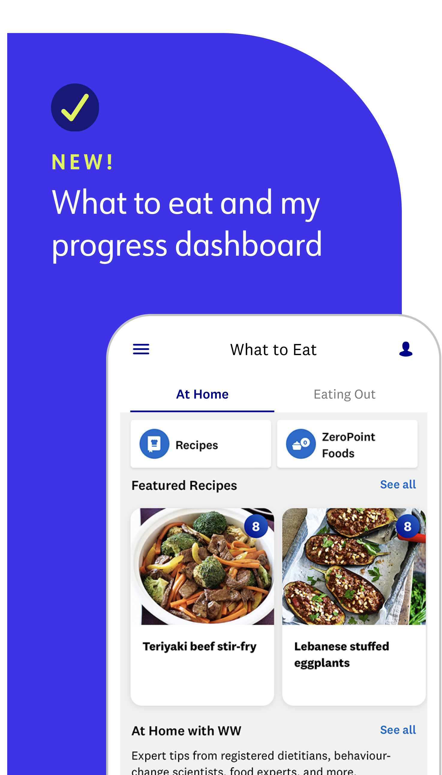 new! what to eat and my progress dashboard