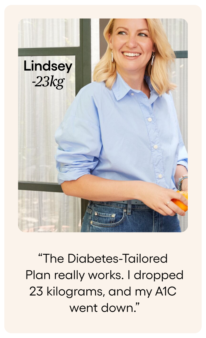 Lindsey said The Diabetes-Tailored Plan really works. I dropped 23 kilograms, and my A1C went down.