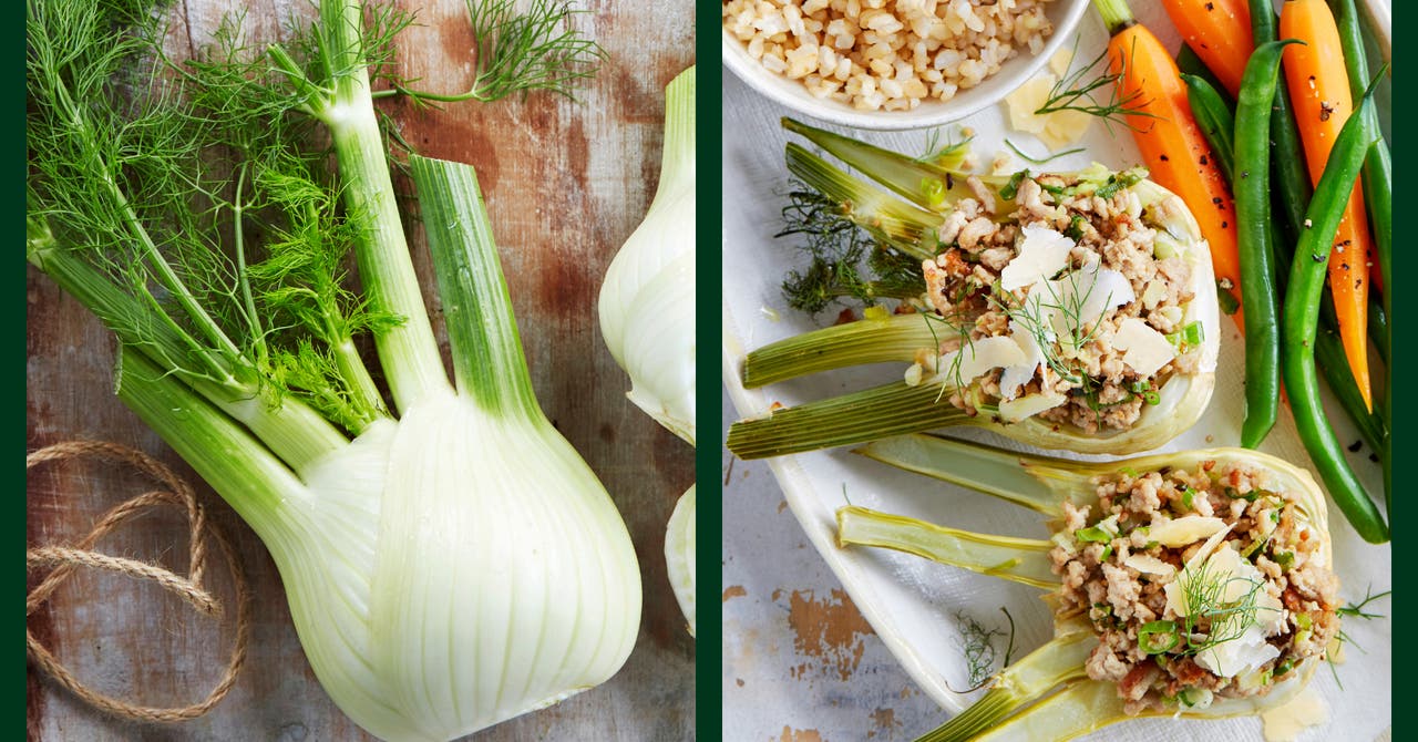 Fresh fennel bulb with green stalks and fronds on the left and cooked baby fennel halves stuffed with a mixture of ground pork and caraway seeds, topped with shaved cheese, served with green beans, carrots, and brown rice on the right.