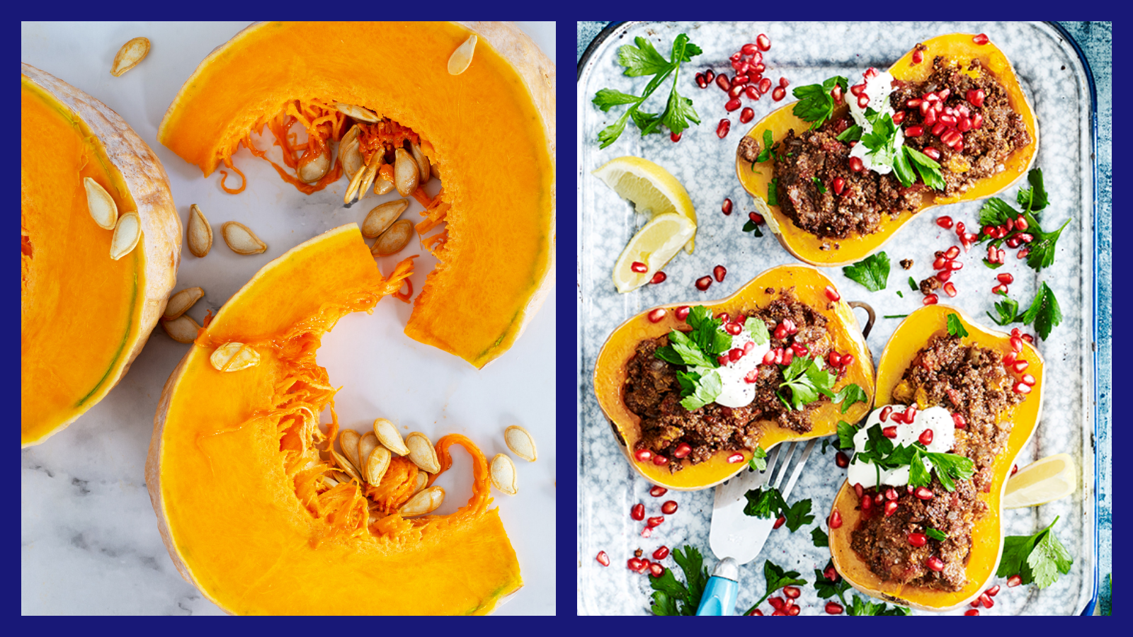 Sliced raw pumpkin with seeds exposed on a white marble surface on the left and baked pumpkin halves stuffed with a mixture of coriander and allspice-seasoned filling, garnished with fresh herbs, pomegranate seeds on the right.