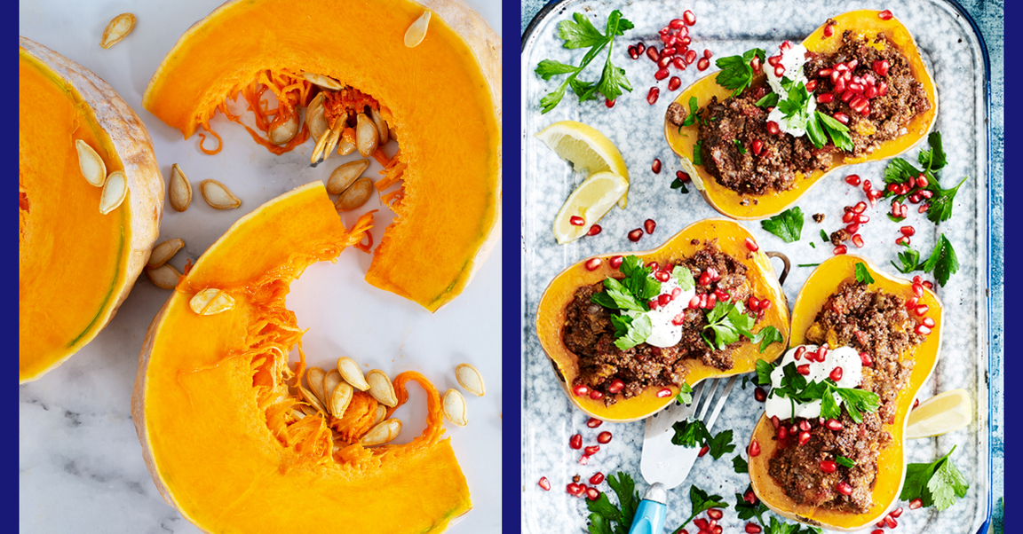Sliced raw pumpkin with seeds exposed on a white marble surface on the left and baked pumpkin halves stuffed with a mixture of coriander and allspice-seasoned filling, garnished with fresh herbs, pomegranate seeds on the right.