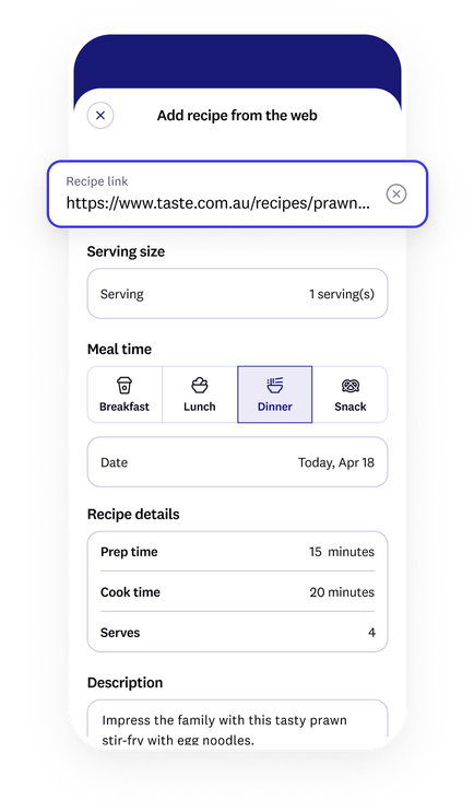 app screen that shows imported recipe from the web