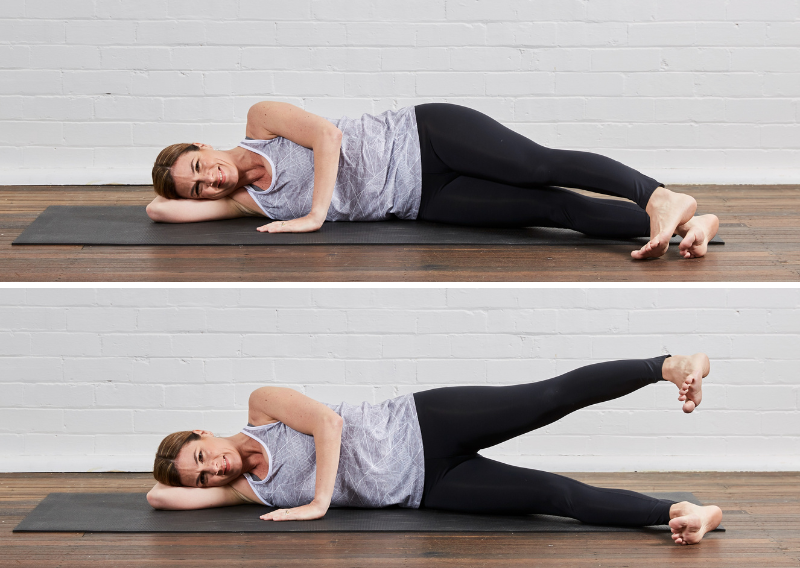 Woman lying on her side on a yoga mat, performing a side leg lift exercise. First image shows her with both legs together, and second image shows her lifting the top leg upwards.