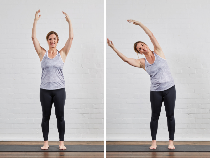 Woman standing with feet together and arms raised above her head, performing a lateral stretch exercise. First image shows her standing straight with arms extended upwards, and second image shows her bending to one side.