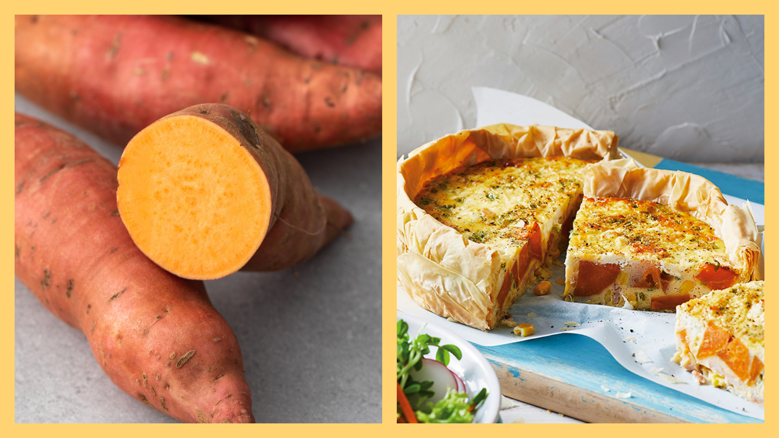 Close-up of fresh sweet potatoes next to a sliced sweet potato corn bacon quiche with a crispy crust.