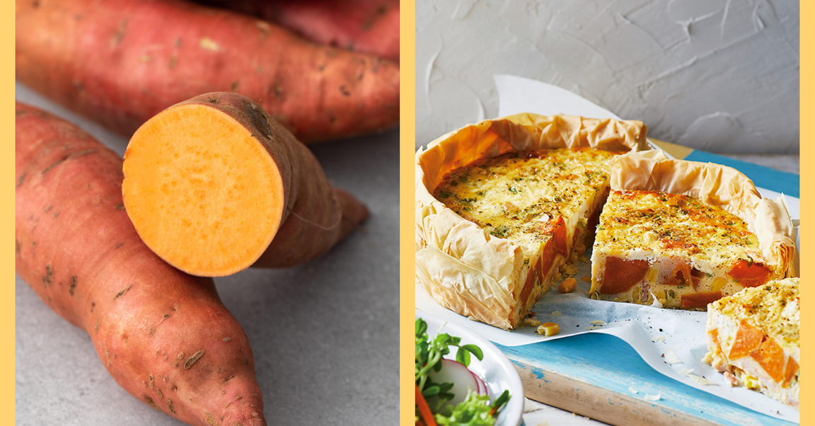 Close-up of fresh sweet potatoes next to a sliced sweet potato corn bacon quiche with a crispy crust.