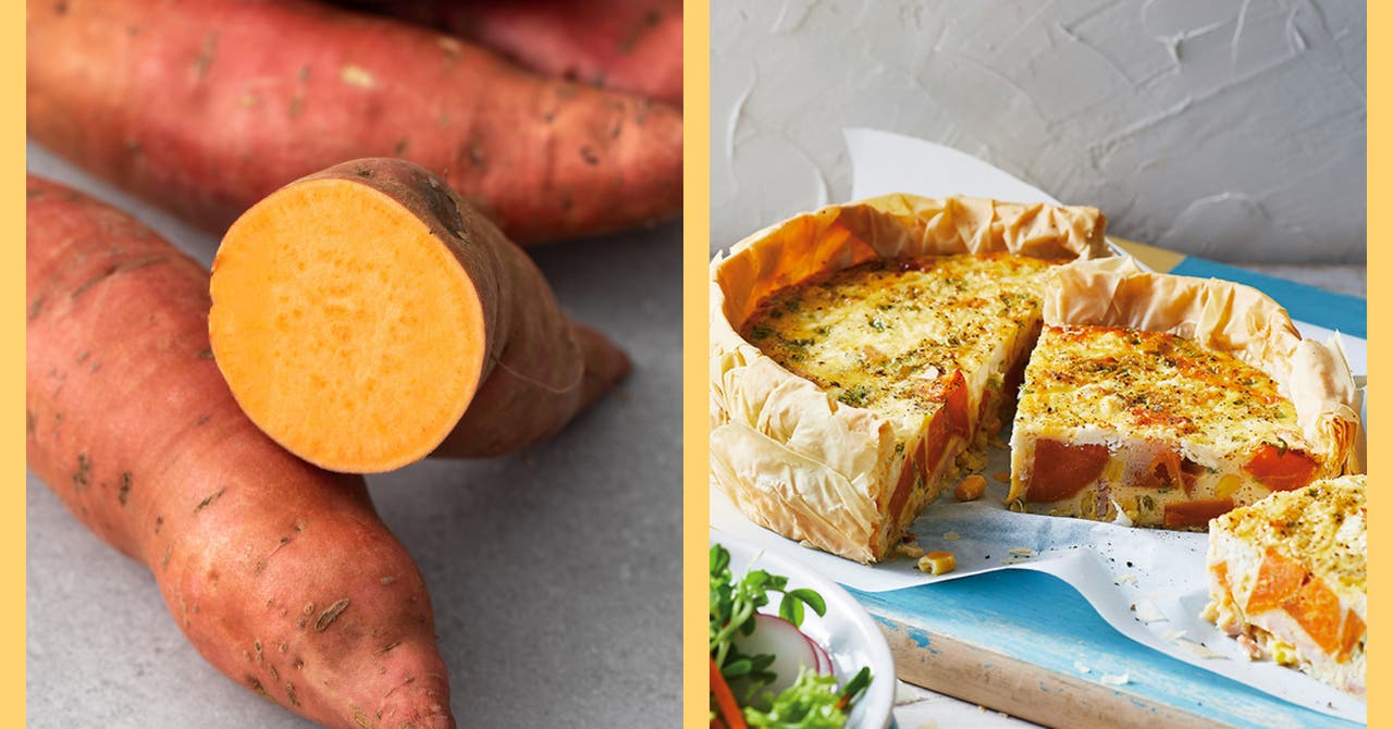 Close-up of fresh sweet potatoes next to a sliced sweet potato corn bacon quiche with a crispy crust.