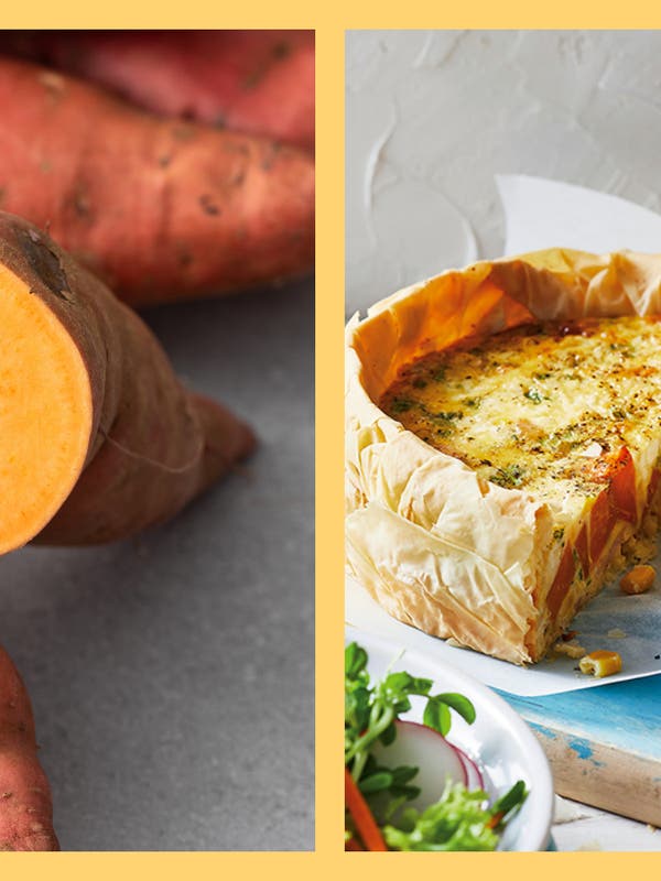 Close-up of fresh sweet potatoes next to a sliced sweet potato corn bacon quiche with a crispy crust.
