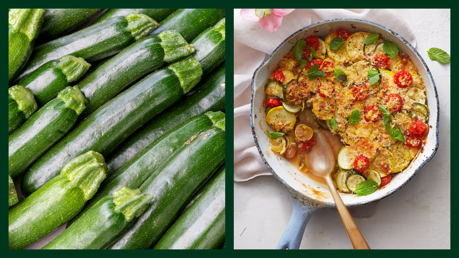 Close-up of fresh zucchinis next to a pan of zucchini coriander mint tian, topped with cherry tomatoes and a golden crust.