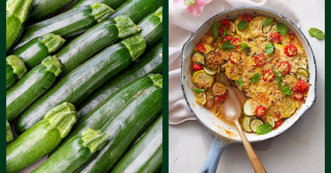 Close-up of fresh zucchinis next to a pan of zucchini coriander mint tian, topped with cherry tomatoes and a golden crust.