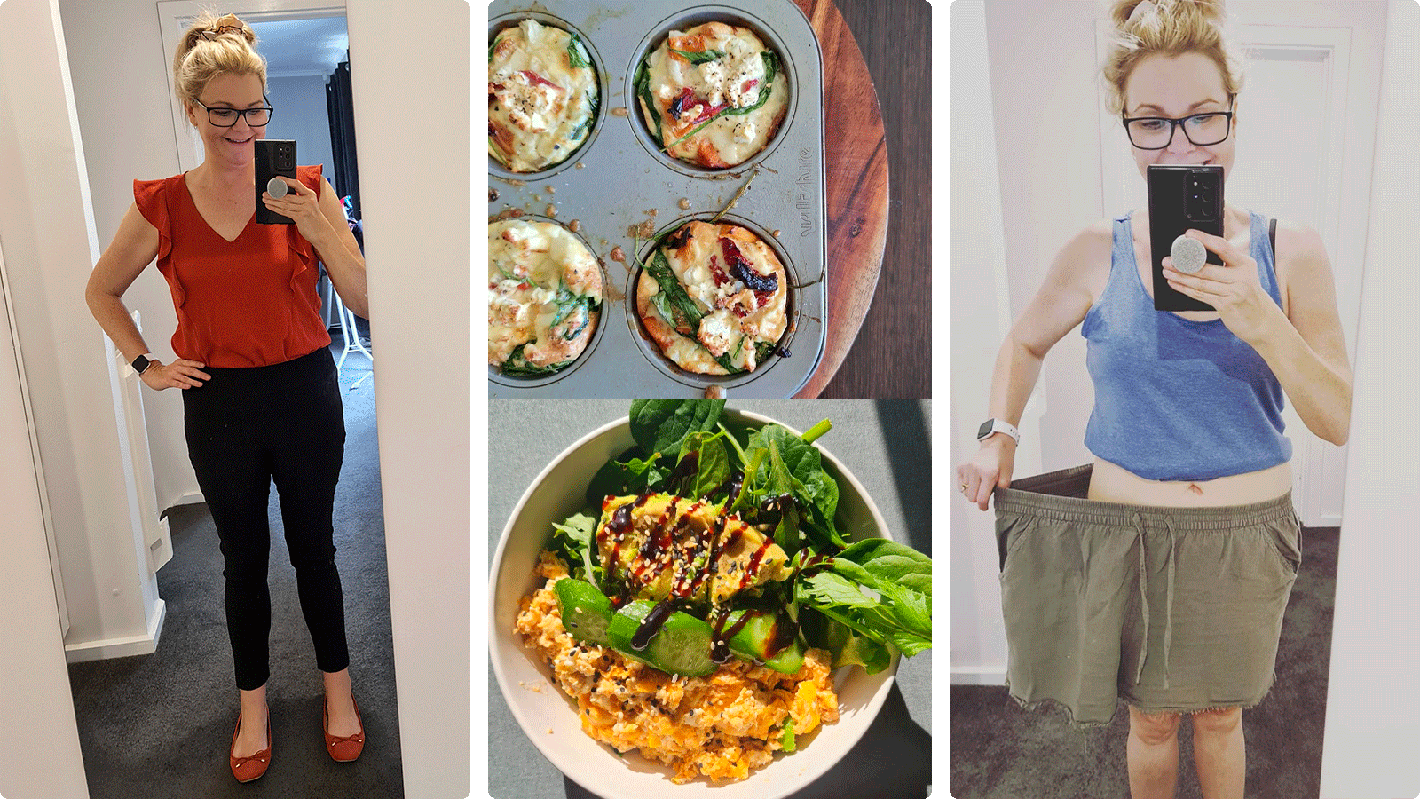 A woman in a red blouse taking a mirror selfie, with images of healthy meals and a weight loss comparison.