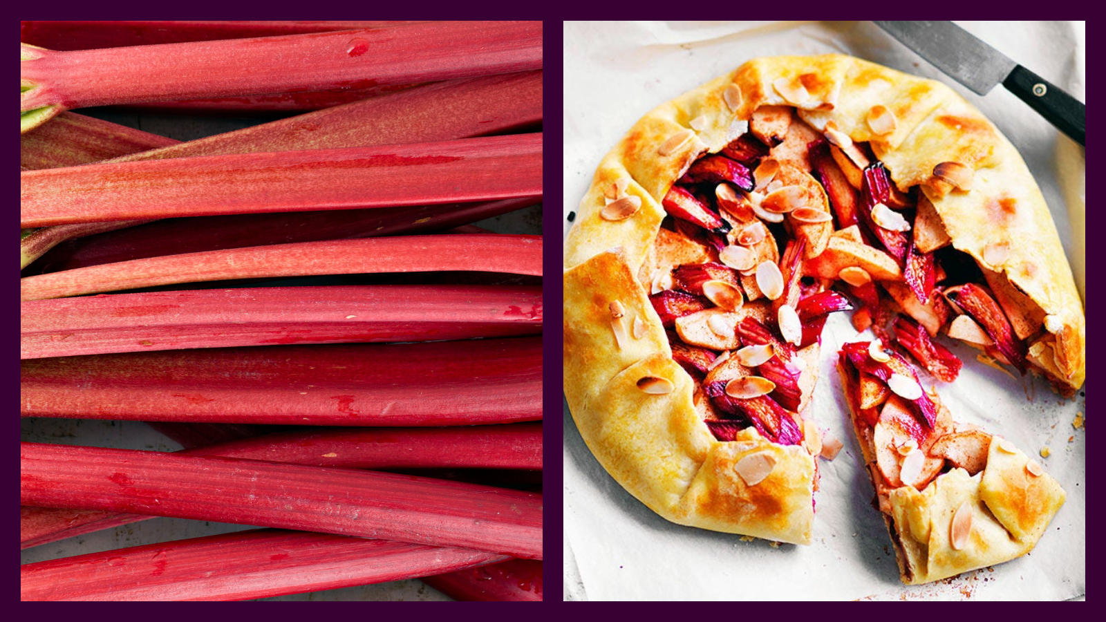 Fresh stalks of rhubarb with a vibrant red colour on the left and a rustic crostata with a golden-brown crust, filled with cooked apple and rhubarb slices, and topped with slivered almonds on the right.