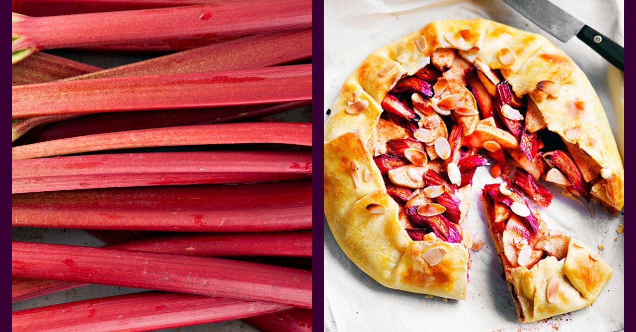 Fresh stalks of rhubarb with a vibrant red colour on the left and a rustic crostata with a golden-brown crust, filled with cooked apple and rhubarb slices, and topped with slivered almonds on the right.