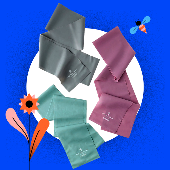 Set of 3 Resistance Bands by Oak & Reed with graphic illustration of flower and bee. Set available at WW Shop site