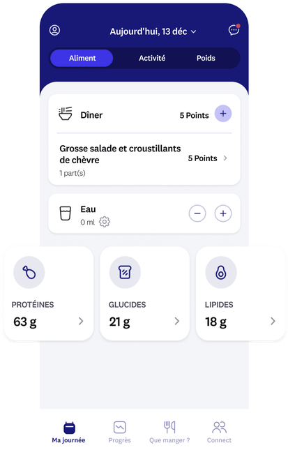 écran d&apos;application qui met en évidence les protéines, les glucides et les graisses