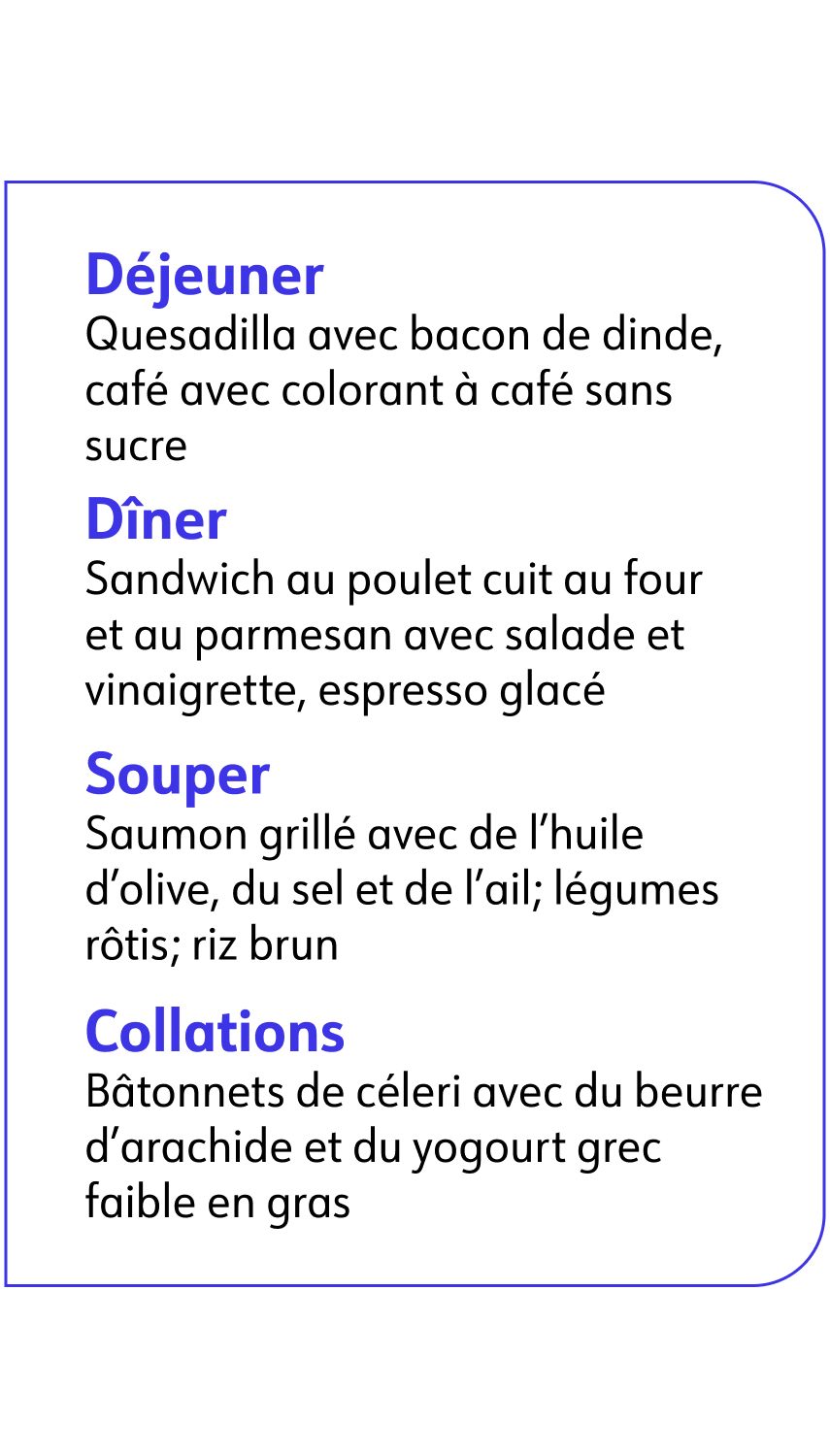 Déjeuner Quesadilla avec bacon de dinde, café avec colorant à café sans sucre Dîner Sandwich au poulet cuit au four et au parmesan avec salade et vinaigrette, espresso glacé Souper Saumon grillé avec de l'huile d'olive, du sel et de l'ail; légumes rôtis; riz brun Collations Bâtonnets de céleri avec du beurre d'arachide et du yogourt grec faible en gras