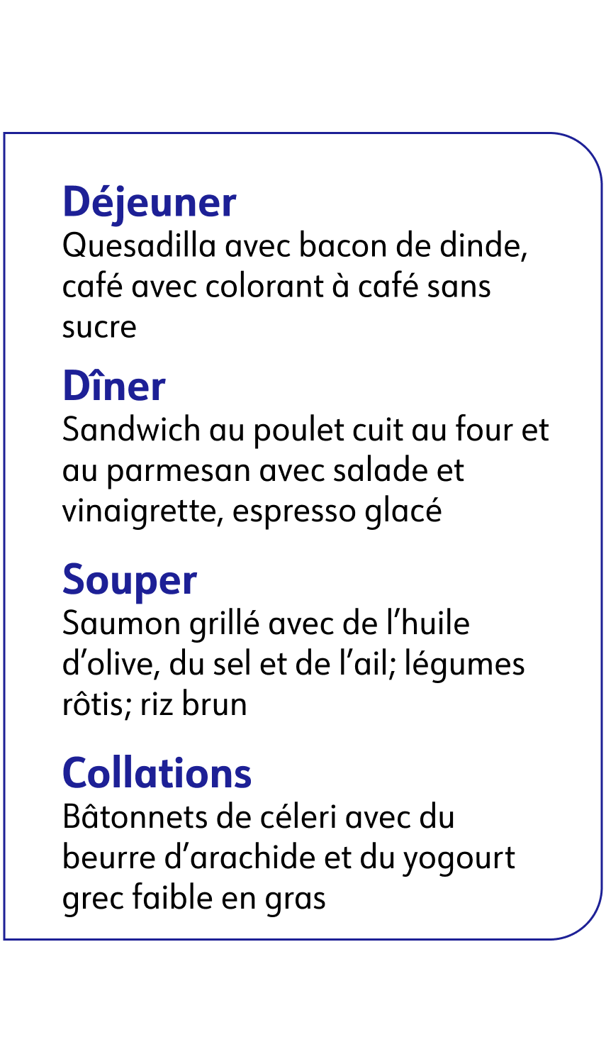 Déjeuner Quesadilla avec bacon de dinde, café avec colorant à café sans sucre Dîner Sandwich au poulet cuit au four et au parmesan avec salade et vinaigrette, espresso glacé Souper Saumon grillé avec de l'huile d'olive, du sel et de l'ail; légumes rôtis; riz brun Collations Bâtonnets de céleri avec du beurre d'arachide et du yogourt grec faible en gras