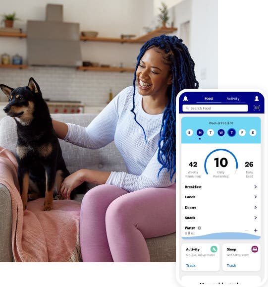 A black woman with blue hair is laughing on a couch while petting a medium-sized black and brown dog. Superimposed to the right of the image is a mobile app screenshot of the WW MyDay screen with PersonalPoints tracking.