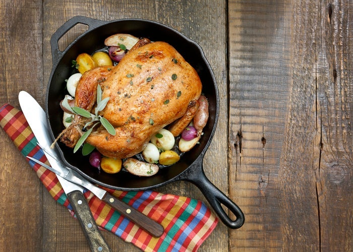 Baked chicken in a cast iron pan