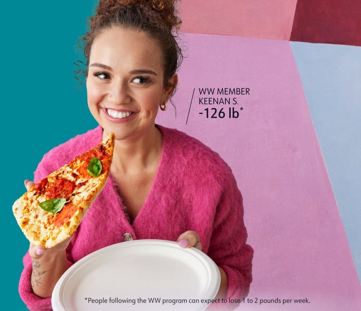 WW member Keenan S. eats a slice of pizza. She has lost 104 pounds. People following the WW program can expect to lose 1 to 2 pounds per week.