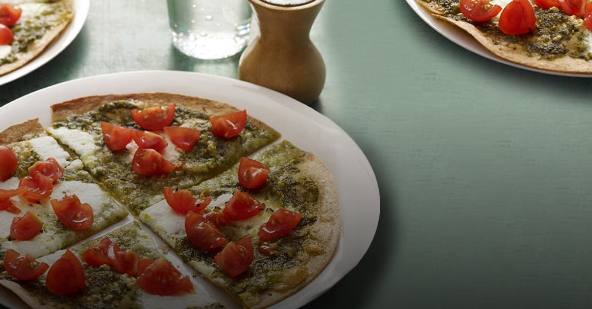 Pesto, Ricotta and Tomato Tortilla Pizza