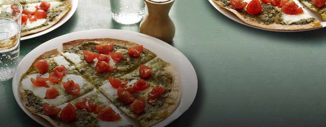 Pesto, Ricotta and Tomato Tortilla Pizza