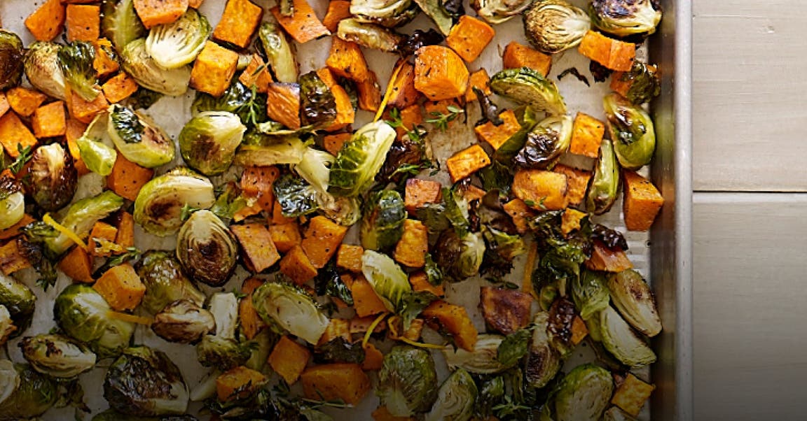 Orange-Thyme Roasted Brussels Sprouts and Sweet Potato