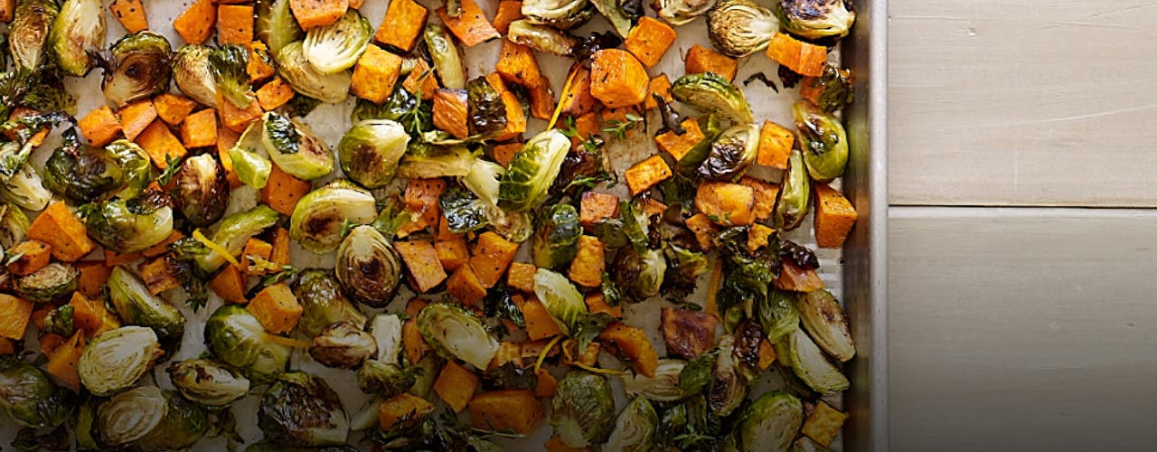 Orange-Thyme Roasted Brussels Sprouts and Sweet Potato