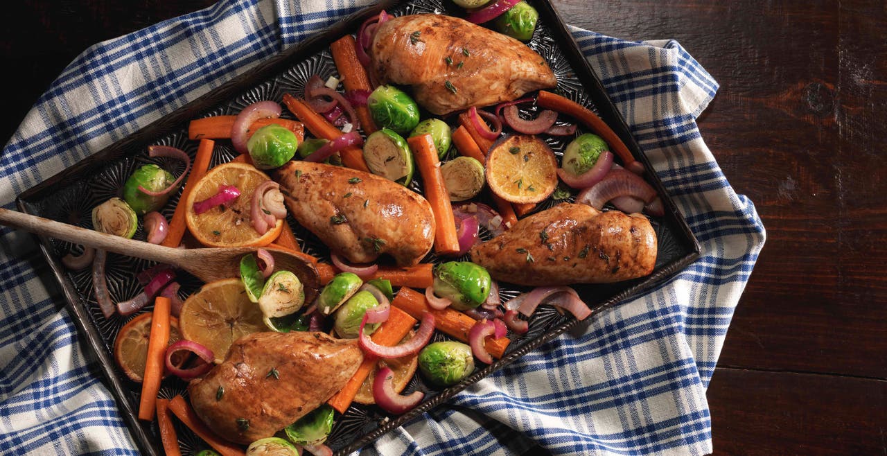 Sheet Pan Orange-Thyme Chicken with Carrots, and Brussels Sprouts