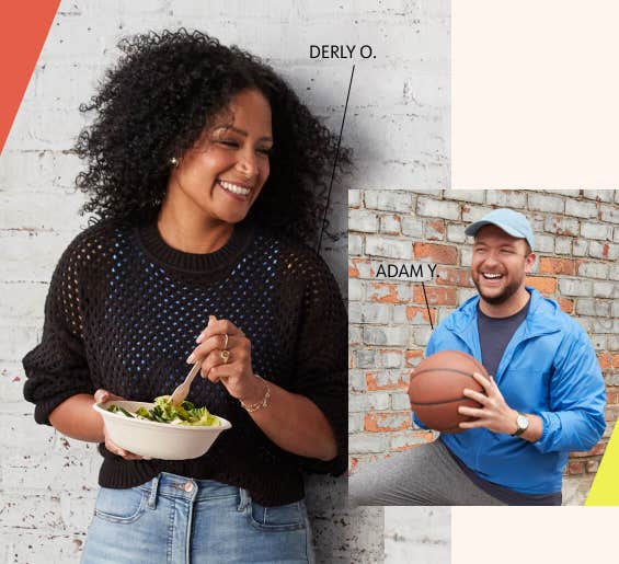 WW member Derly O. eats a salad, and WW member Adam Y. holds a basketball.