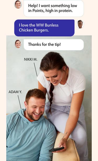 WW members Adam Y. and Nikki M. look at a mobile phone that Nikki is using. Also shown is a chat with a coach in the WW app.