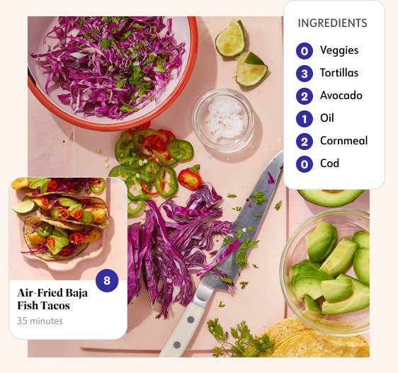 Air-fried baja tacos are 8 Points. The list of ingredients includes avocado at 2 Points and cod fish at 0 Points.