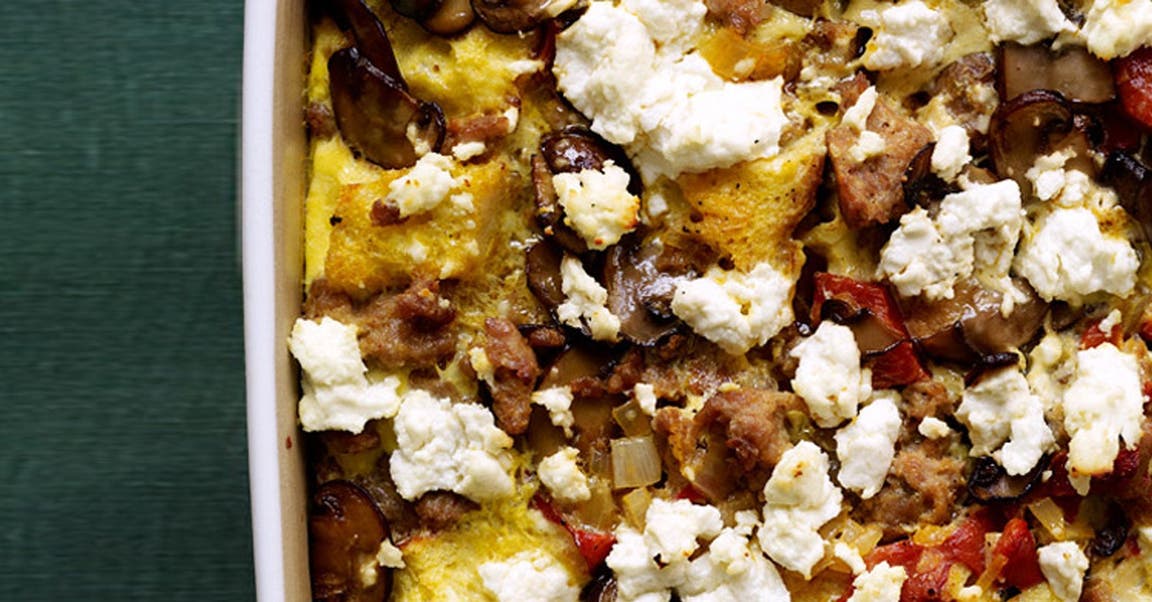 Strata with Turkey Sausage, Roasted Peppers and Goat Cheese
