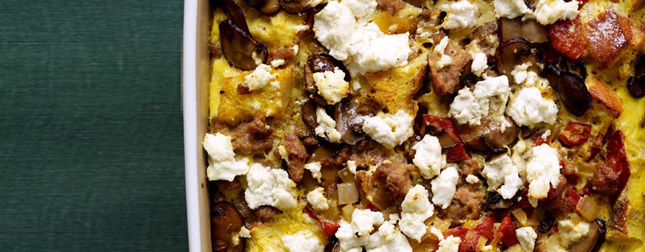 Strata with Turkey Sausage, Roasted Peppers and Goat Cheese