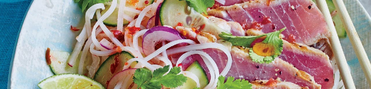 Grilled Tuna with Cucumber-Noodle Salad