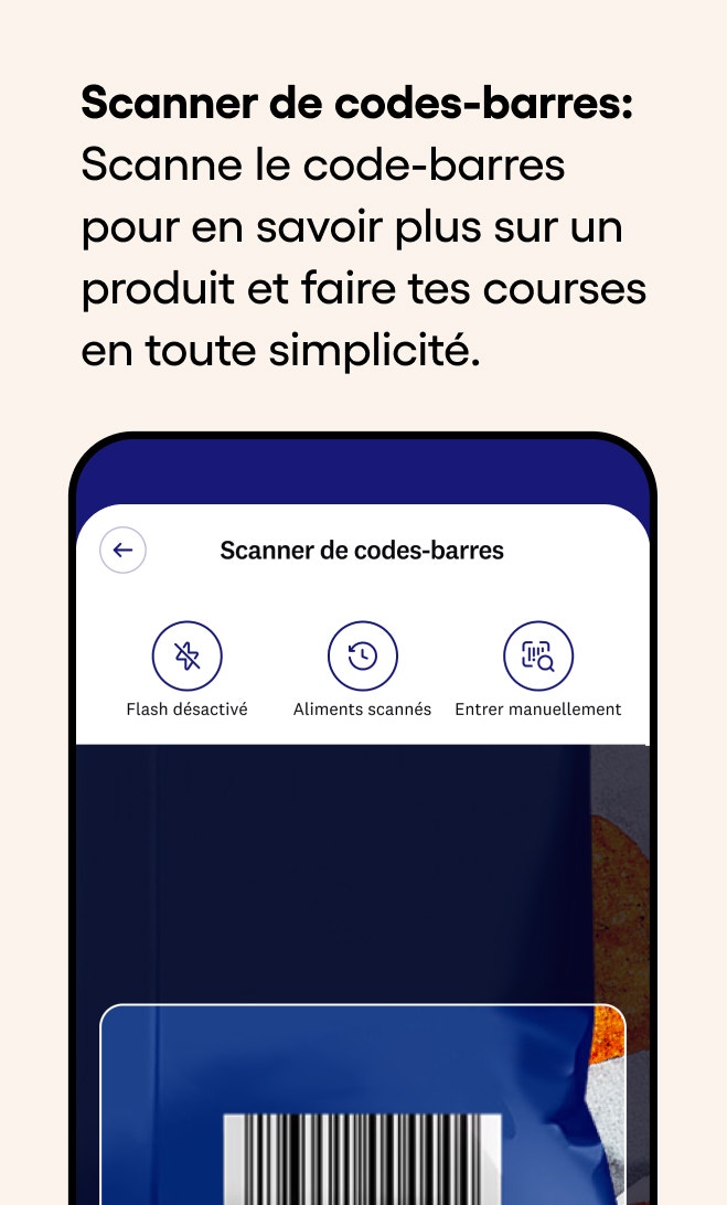 Scanner de codes-barres: Scanne le code-barres pour en savoir plus sur un produit et faire tes courses en toute simplicité.