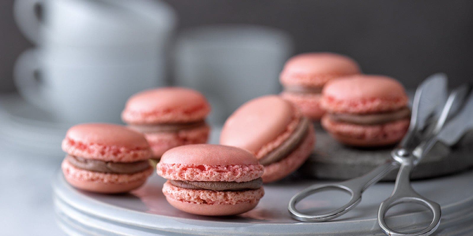 Auf einem Teller liegen rosa Macarons gefüllt mit einer Schokocreme