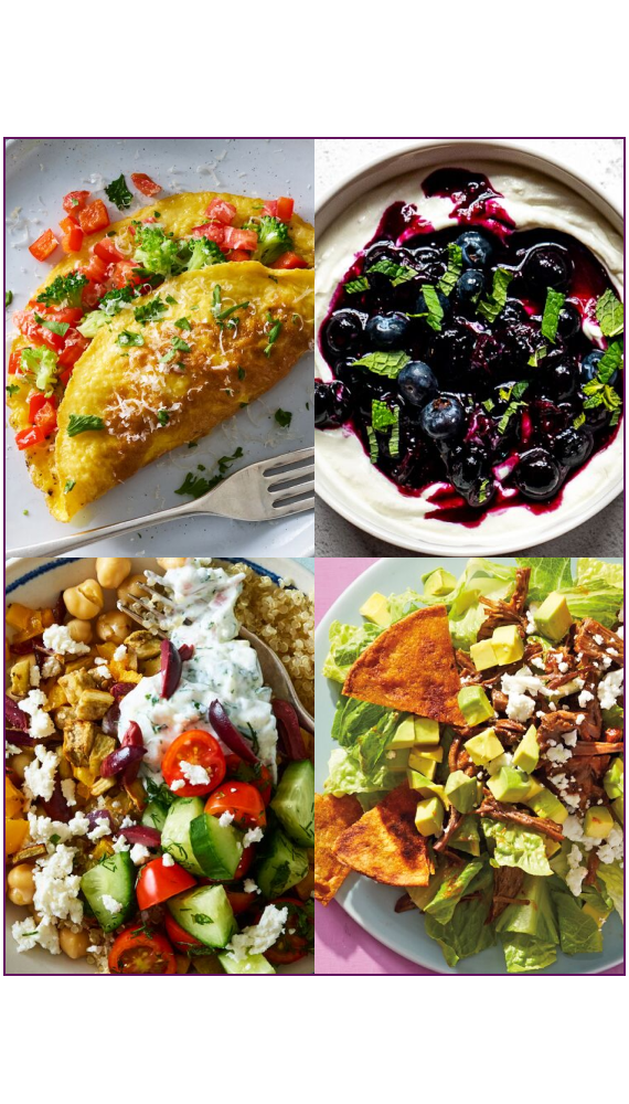 une omelette, un bol de yogourt aux fruits, une salade grecque, des tacos