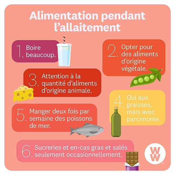 Alimentation pendant l’allaitement: 1. Boire beaucoup, 2. Opter pour les aliments d’origine végétale, 3. Attention à la quantité d’aliments d’origine animale, 4. Oui aux grasses, mais avec parcimonie, 5. Manger deux feux par semaine des poissons de mer et 6. Sucreries et en-cas gras seulement occasionnellement.  