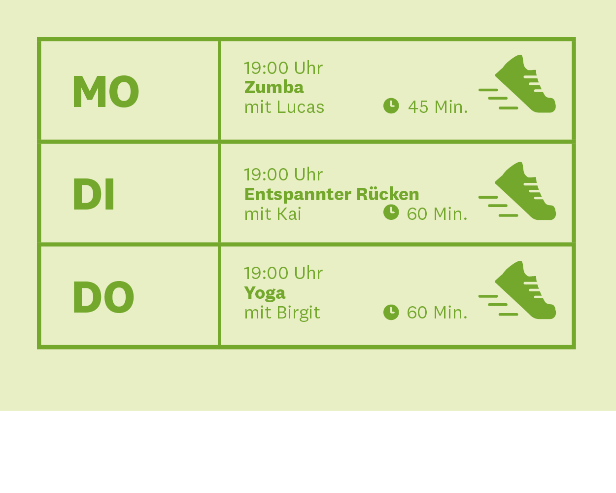 Übersicht über den Stundenplan des WW Frühlings Camps