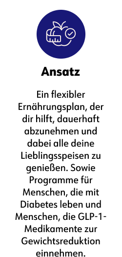 Ansatz  Ein flexibler Ernährungsplan, der dir hilft, dauerhaft abzunehmen und dabei alle deine Lieblingsspeisen zu genießen.  Sowie Programme für Menschen, die mit Diabetes leben und Menschen, die GLP-1-Medikamente zur Gewichtsreduktion einnehmen.