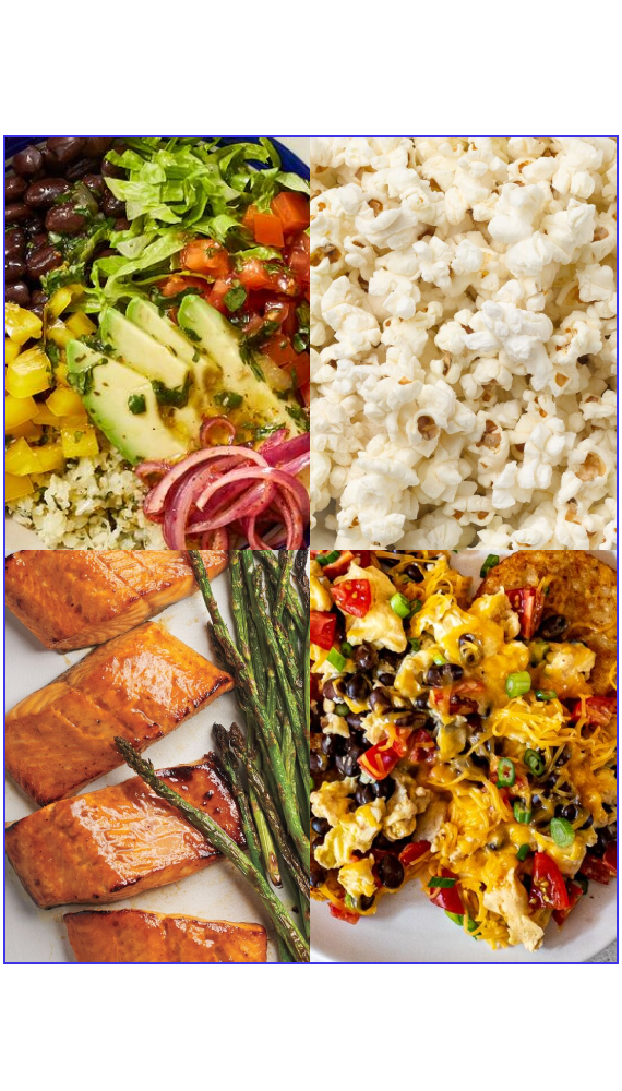 Burrito-Bowl, Lachs, Popcorn aus der Luft, Rührei mit Paprika